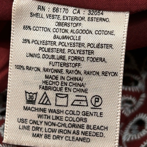 Anthropologie Feather Bone Maroon with Blue Embroidery Ruffle Dress, size Small - Picture 9 of 12